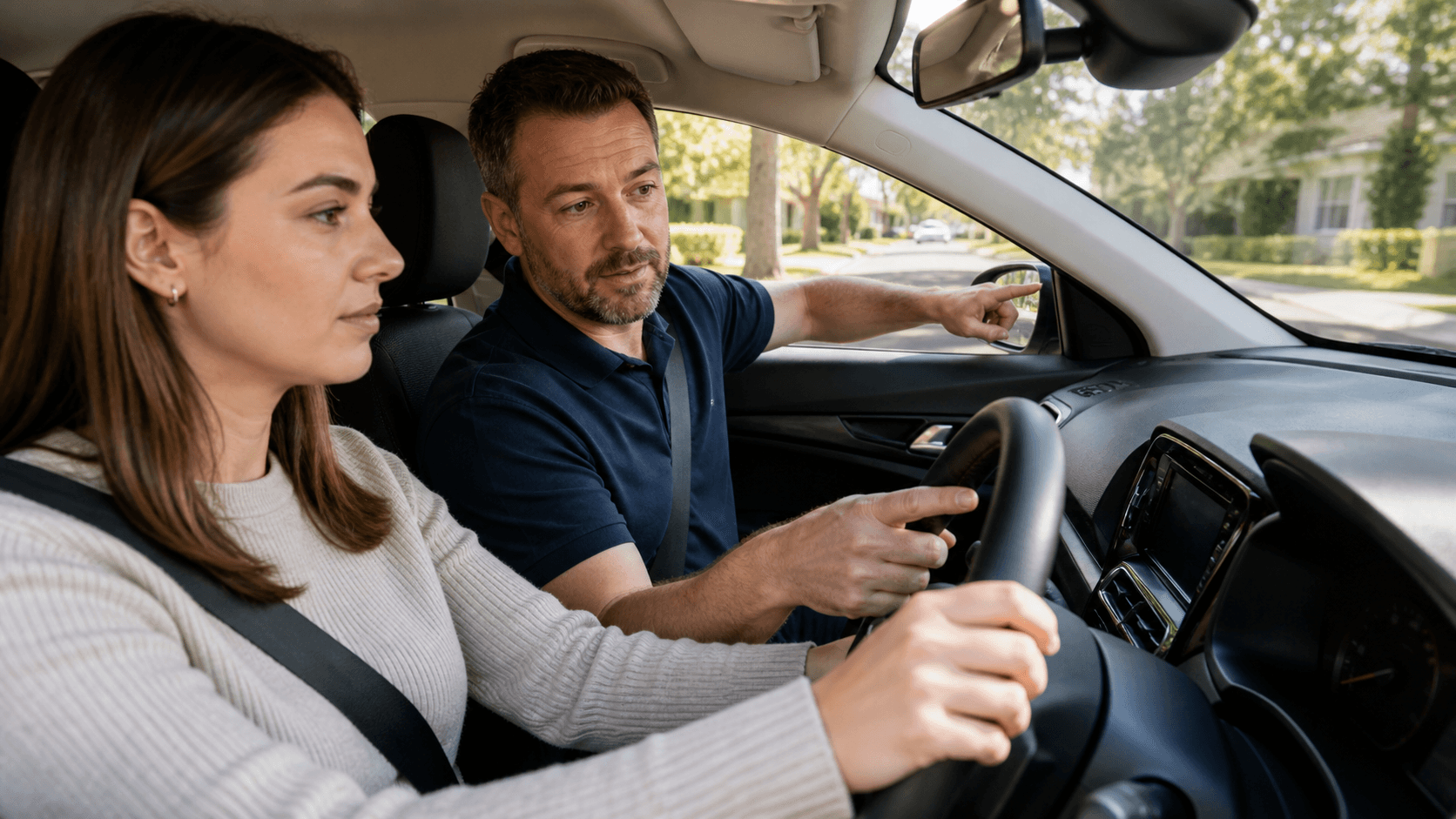 Young learner grips a steering wheel beside an instructor in a sunlit car on a Sydney street.