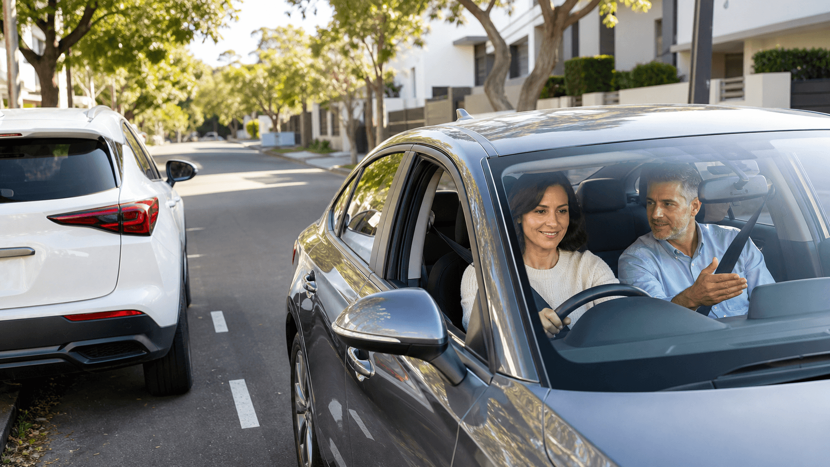 Driver practicing in a silver car on a sunny Sydney street with city buildings in the background
