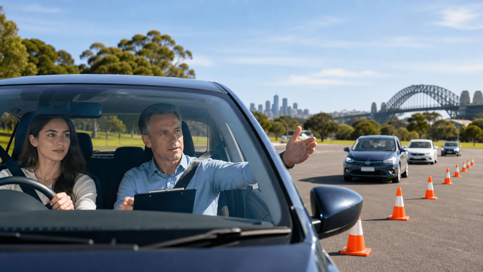 Young drivers in a blue car receive roadside instruction from an instructor on a sunny Sydney street.