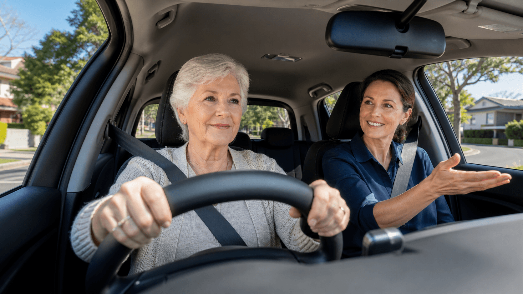 Older woman smiling behind the wheel with an instructor beside her on a sunny Sydney street