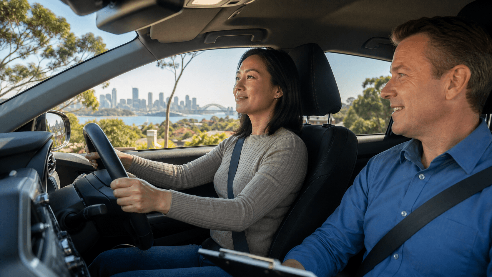 Driving instructor and student in a car on a sunny Sydney street, with city skyline in the background